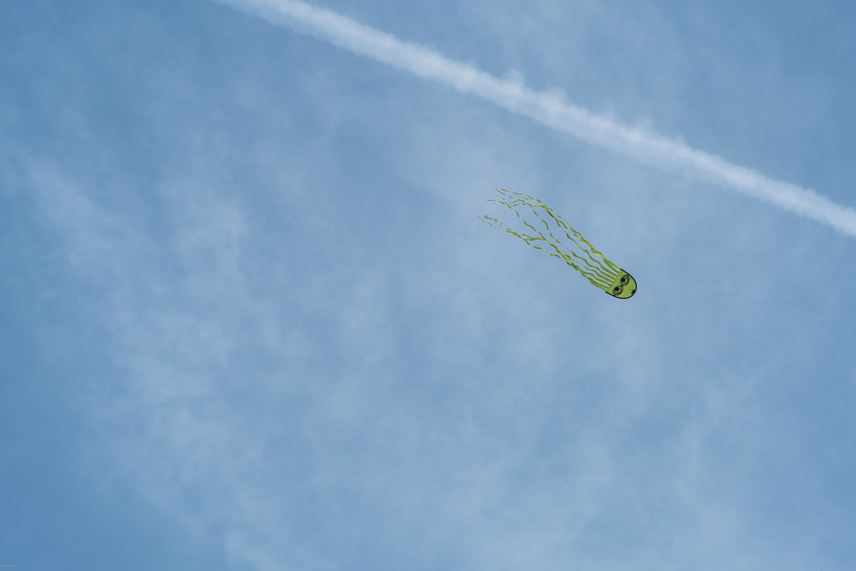 Grüner Geister-Drachen im bewölkten Himmel