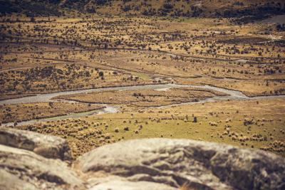 Steppenlandschaft vor Felsen